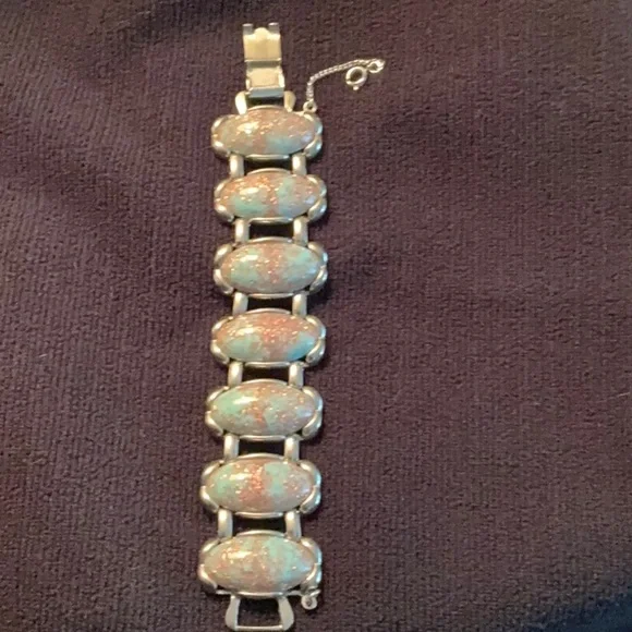 Vintage Turquoise Blue Lucite & Copper Glitter Confetti Silver Tone BRACELET